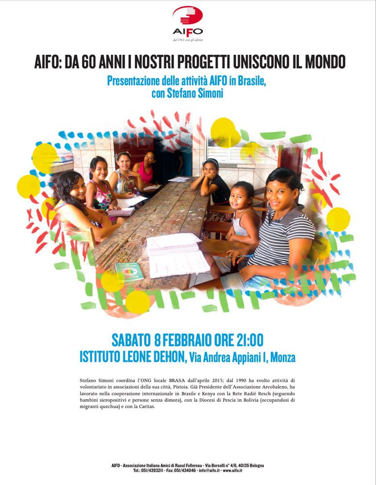 Poster di presentazione delle attività di AIFO in Brasile. Sabato 8 febbraio a Monza